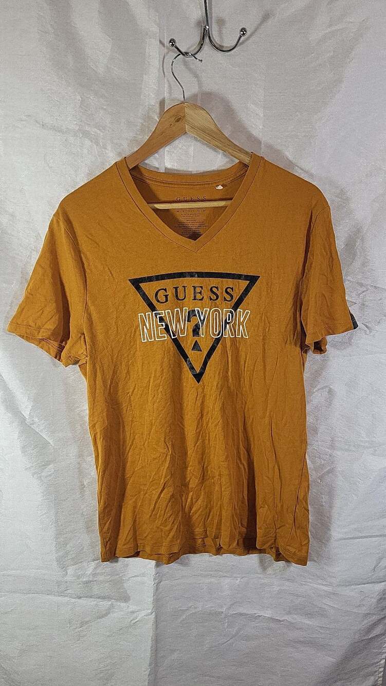 Guess New York Graphic V-Neck T-Shirt Mustard Yellow Medium